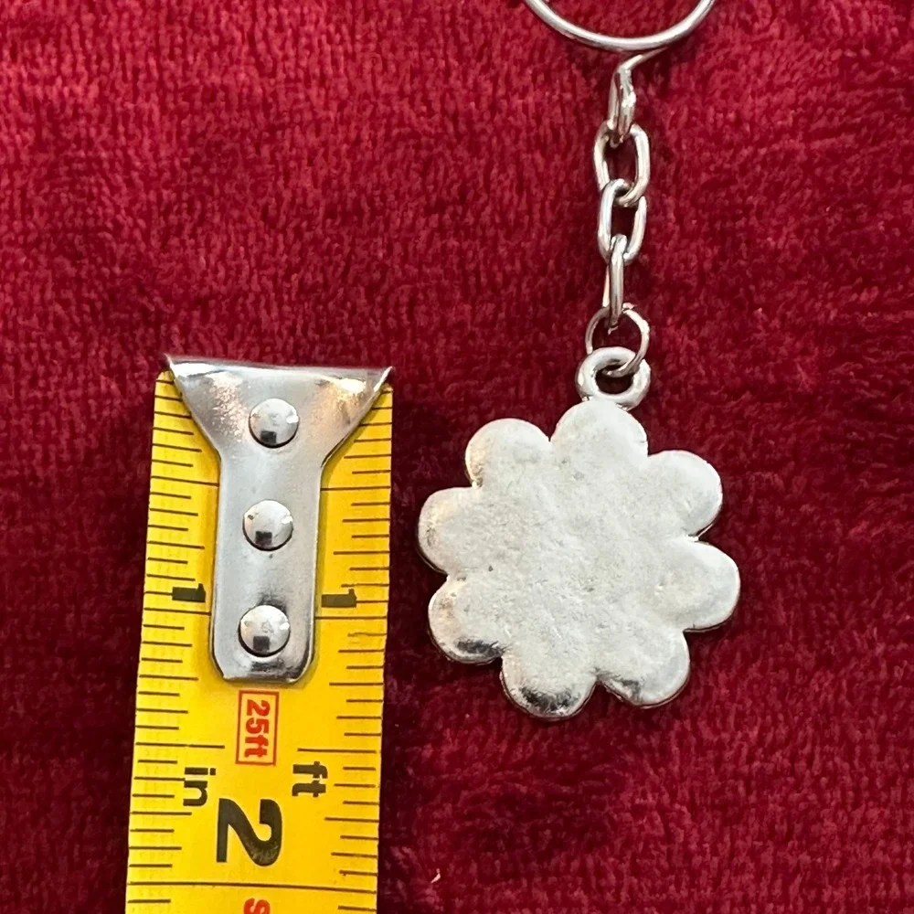 Silver Tone Purple and Green Enamel Flower Daisy Keychain Bag Charm Accessory